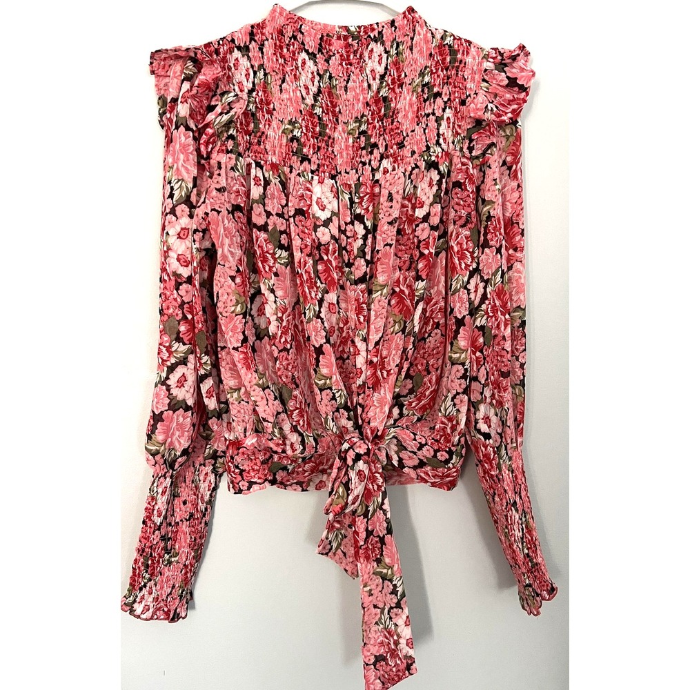 Bardot Shirt Womens 2XL Pink Floral Smocked Ruffle Long Sleeve Tie Waist Boho